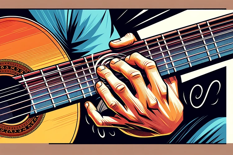 Flamenco guitarist's hands on the fretboard, executing a complex rasgueado technique.